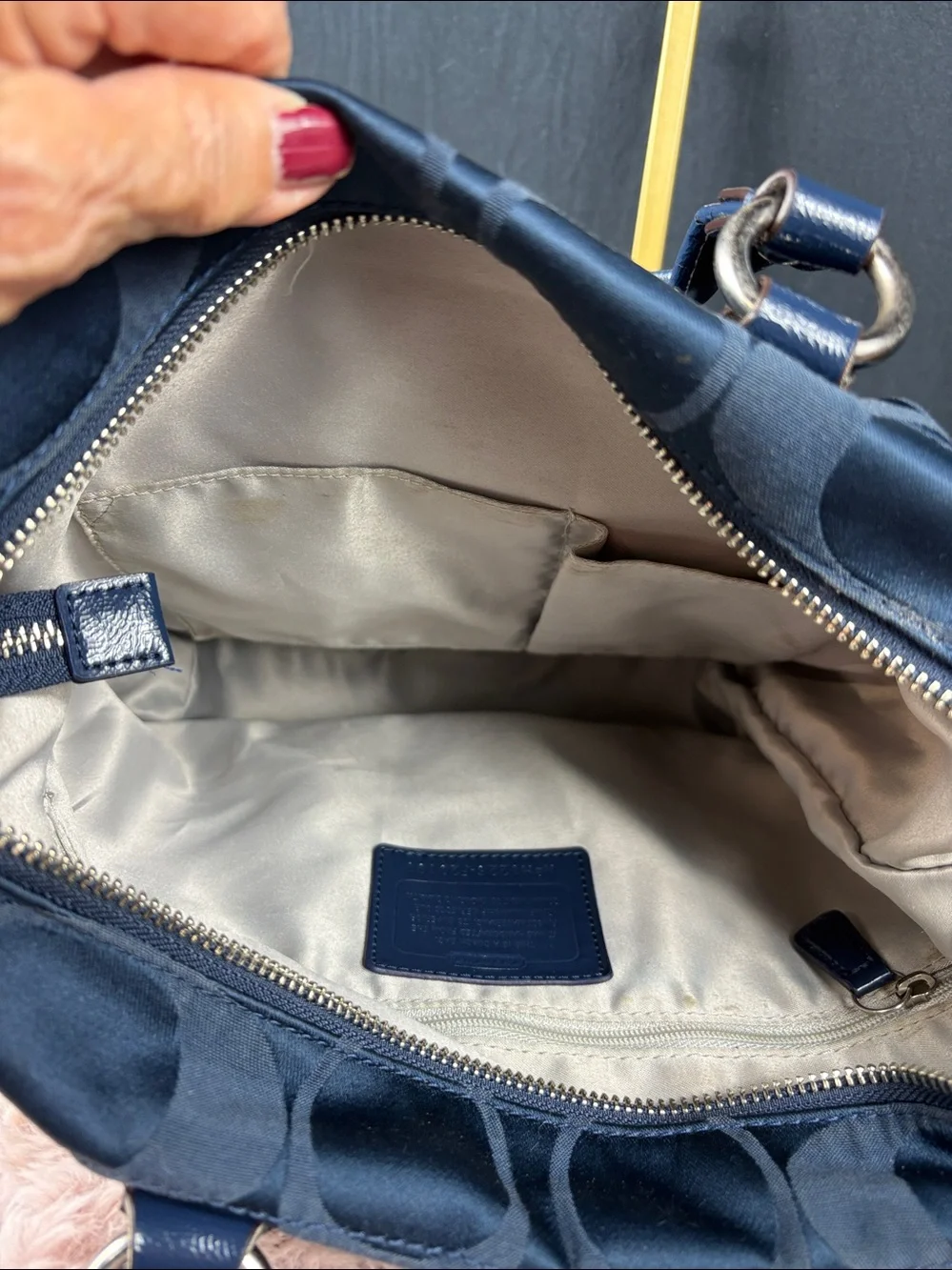 Coach Poppy Signature Sateen Daisy Tote Navy Blue Heart Zipper Charm With Dusty